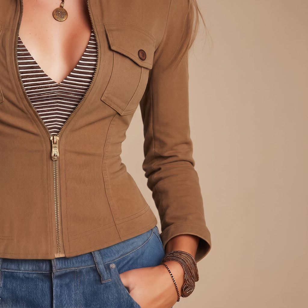 Women's Slim-Fit Zip-Front Utility Jacket Camel Brown