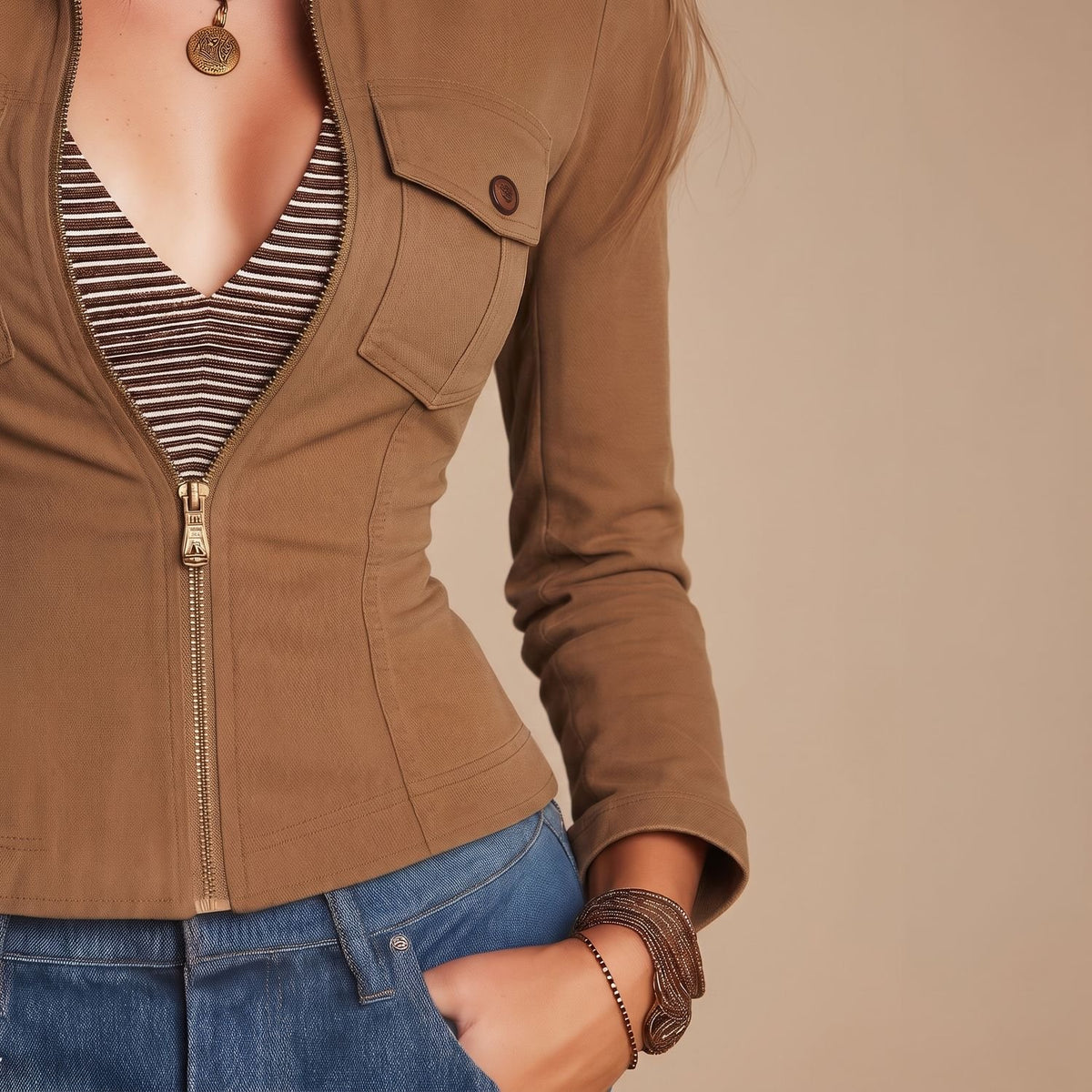 Women's Slim-Fit Zip-Front Utility Jacket Camel Brown