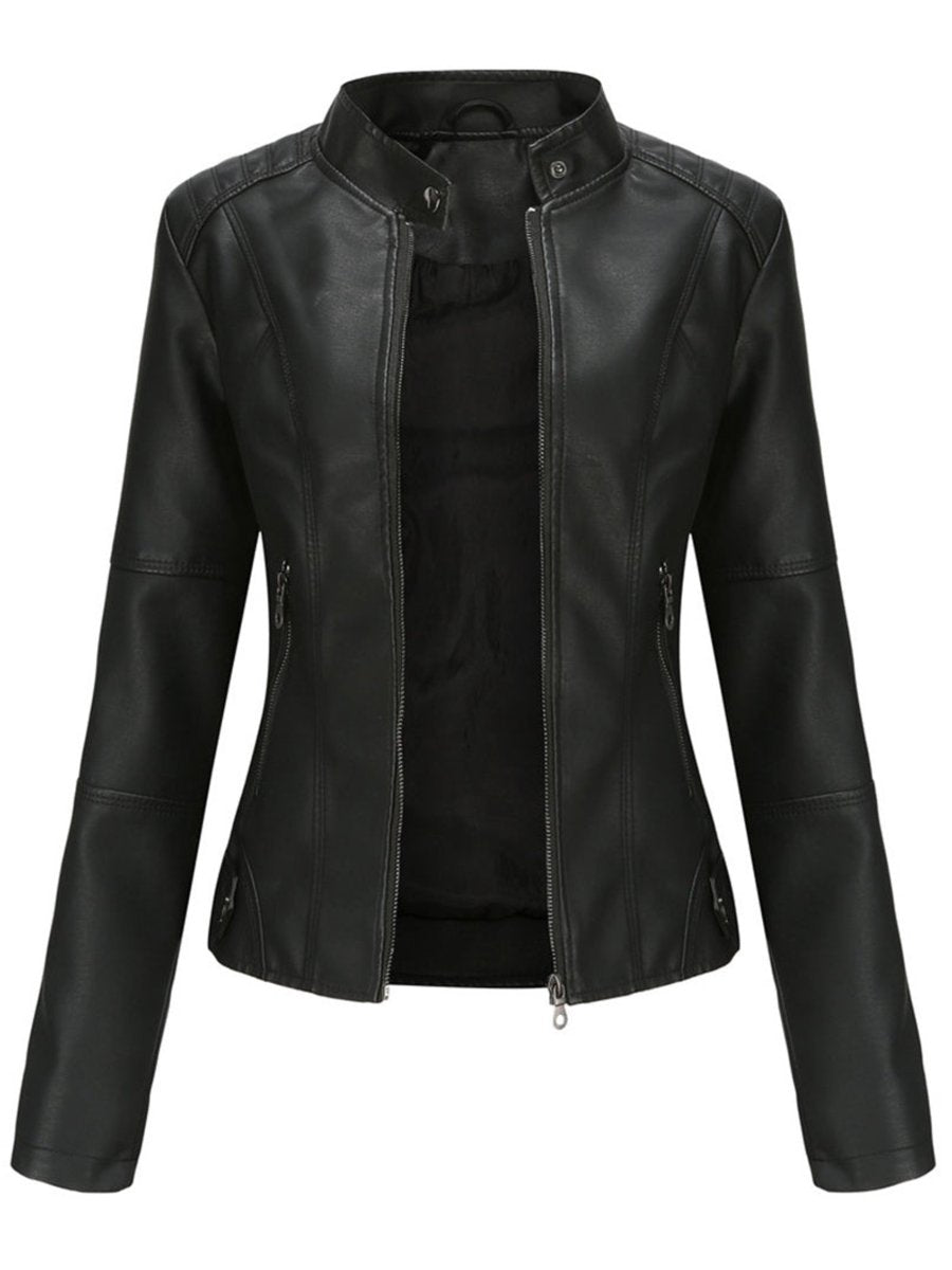 Women's Slim-Fit Zip-Up Faux Leather Jacket Stand Collar - Black
