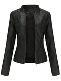 Women's Slim-Fit Zip-Up Faux Leather Jacket Stand Collar - Black