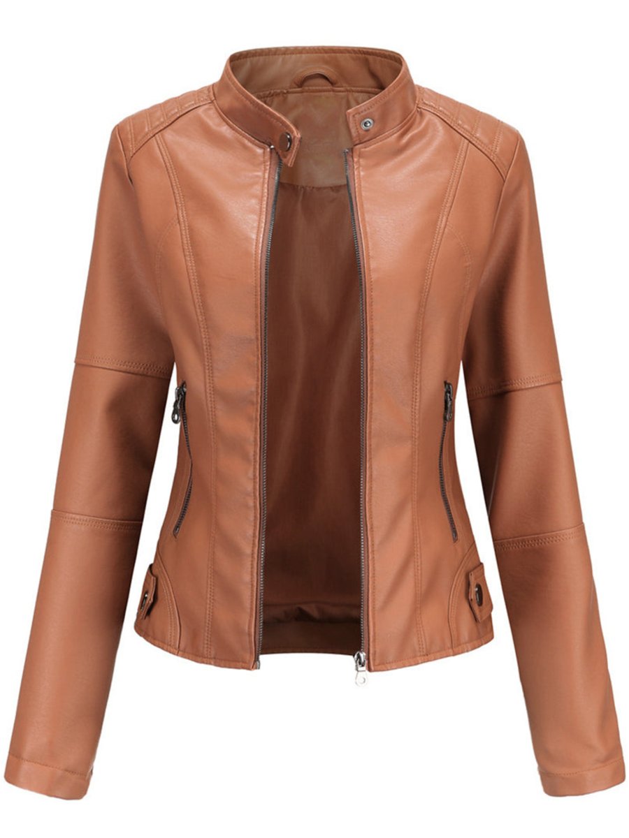 Women's Slim-Fit Zip-Up Faux Leather Jacket Stand Collar - Brown