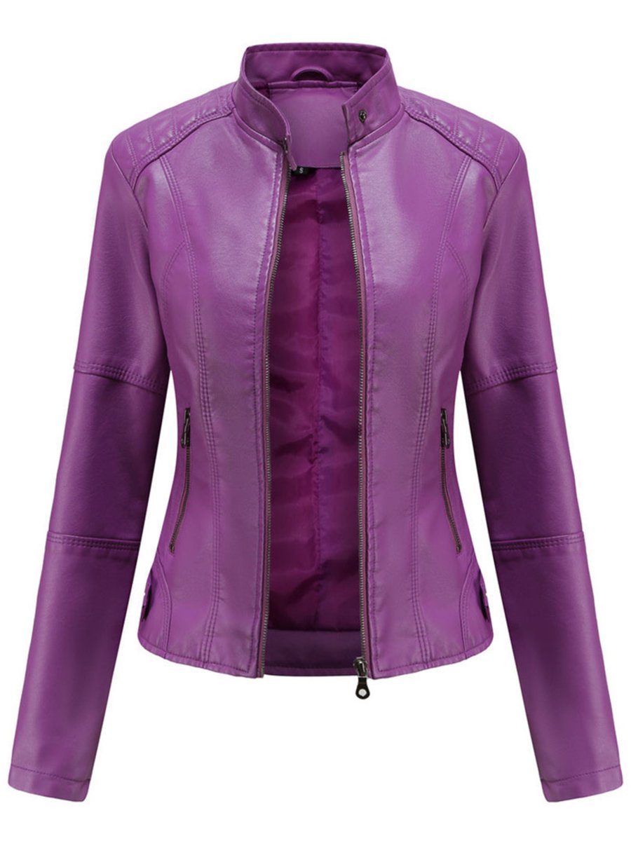Women's Slim-Fit Zip-Up Faux Leather Jacket Stand Collar - Lilac