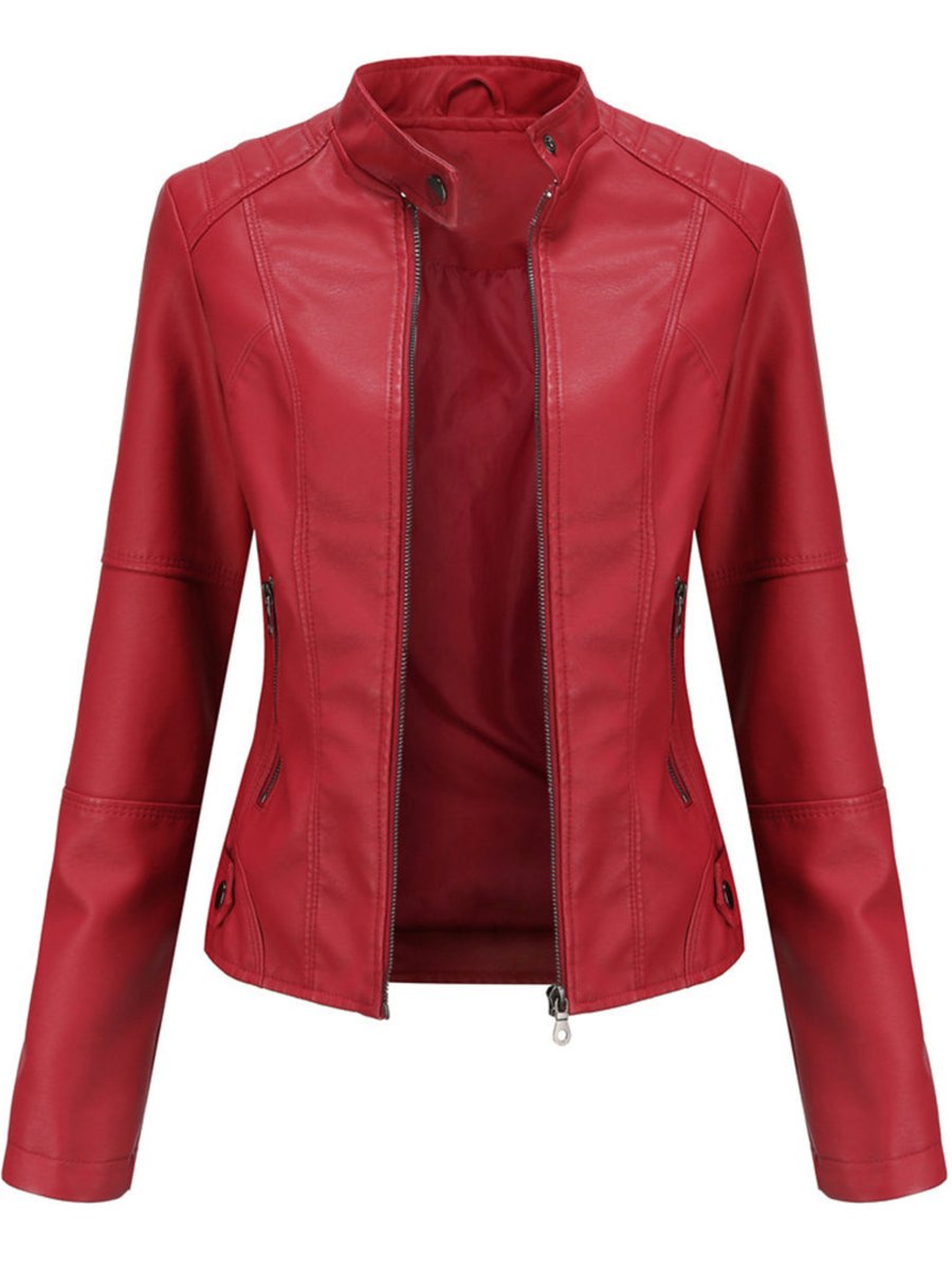 Women's Slim-Fit Zip-Up Faux Leather Jacket Stand Collar - Red