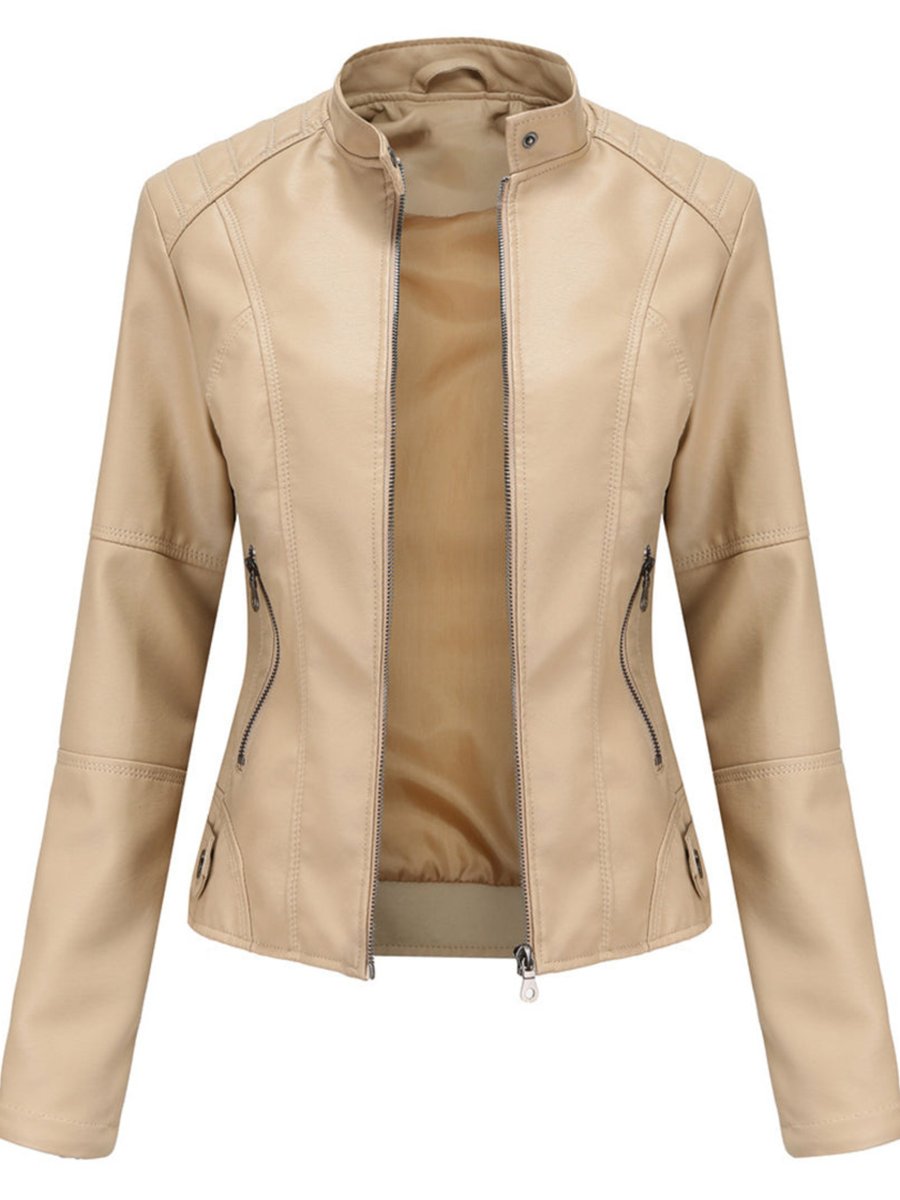 Women's Slim-Fit Zip-Up Faux Leather Jacket Stand Collar - Beige