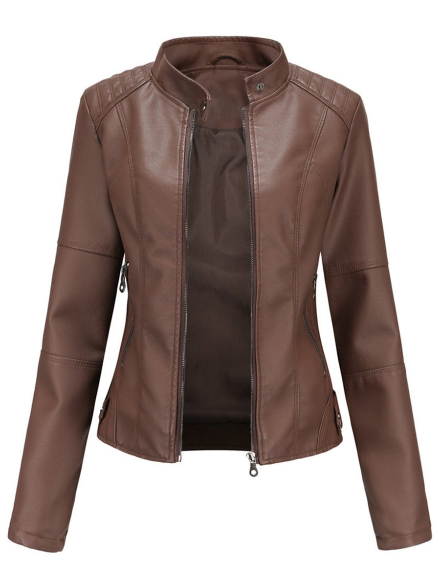 Women's Slim-Fit Zip-Up Faux Leather Jacket Stand Collar - Dark Brown