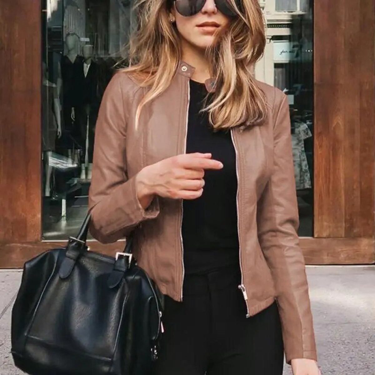 Women's Slim-Fit Zip-Up Moto Faux Leather Jacket - Khaki