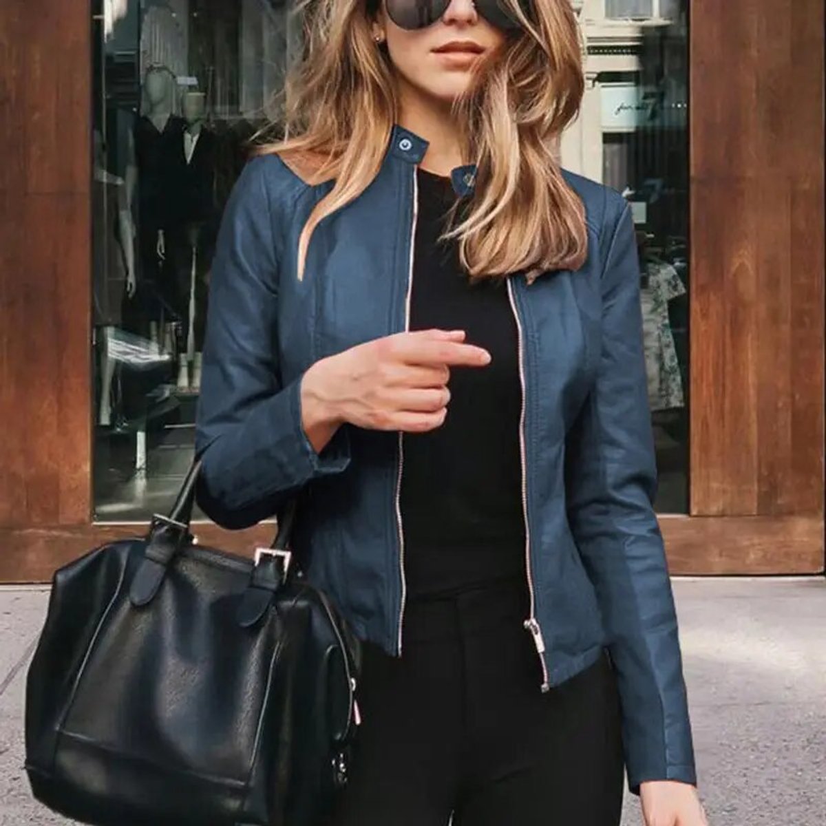 Women's Slim-Fit Zip-Up Moto Faux Leather Jacket - Navy Blue