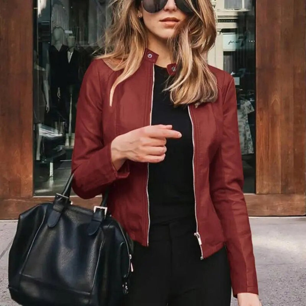 Women's Slim-Fit Zip-Up Moto Faux Leather Jacket - Burgundy