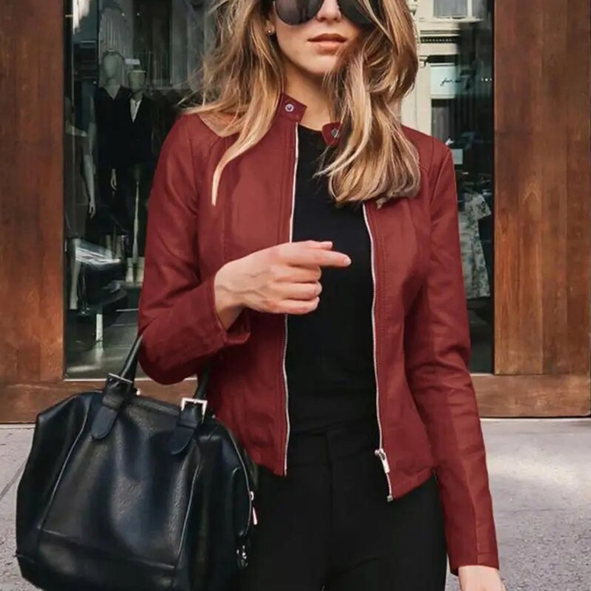Women's Slim-Fit Zip-Up Moto Faux Leather Jacket - Burgundy