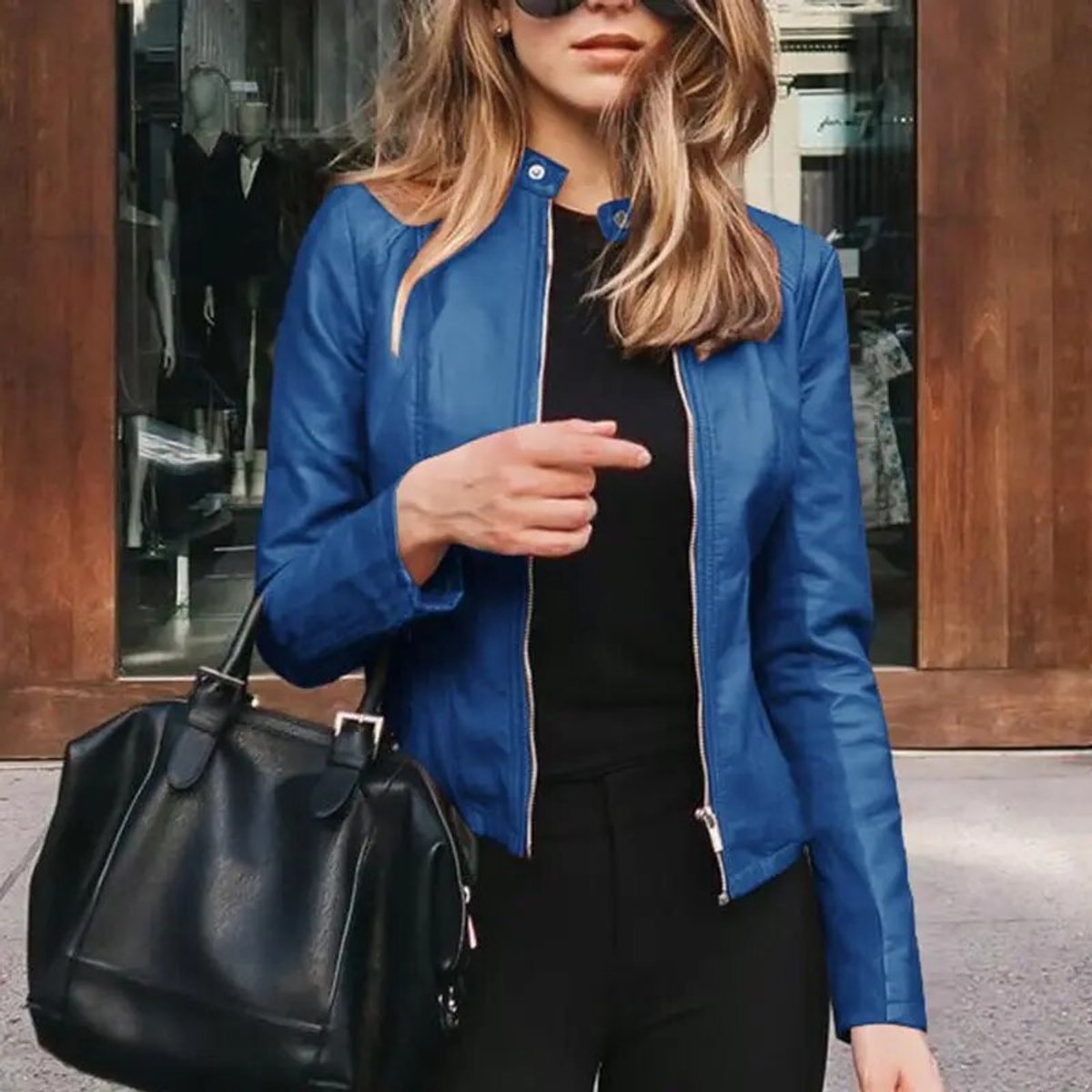Women's Slim-Fit Zip-Up Moto Faux Leather Jacket - Blue
