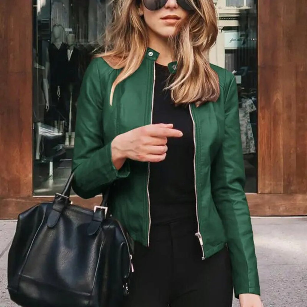 Women's Slim-Fit Zip-Up Moto Faux Leather Jacket - Green