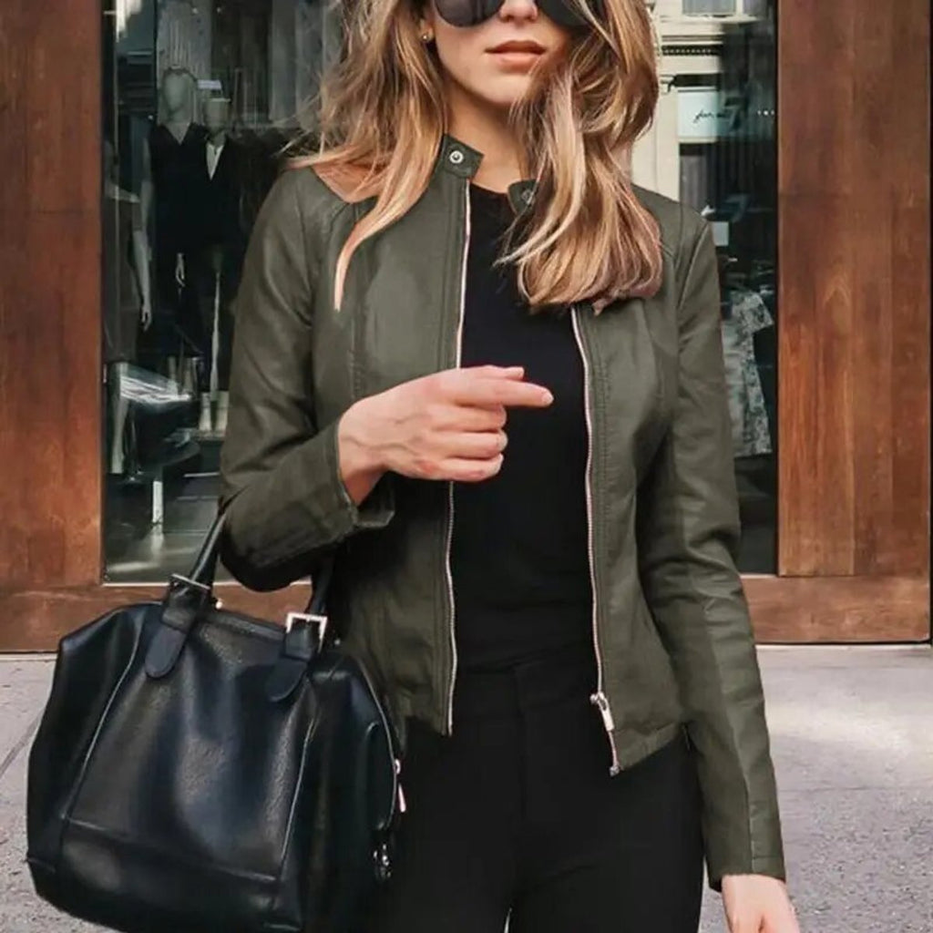 Women's Slim-Fit Zip-Up Moto Faux Leather Jacket - Green Leather