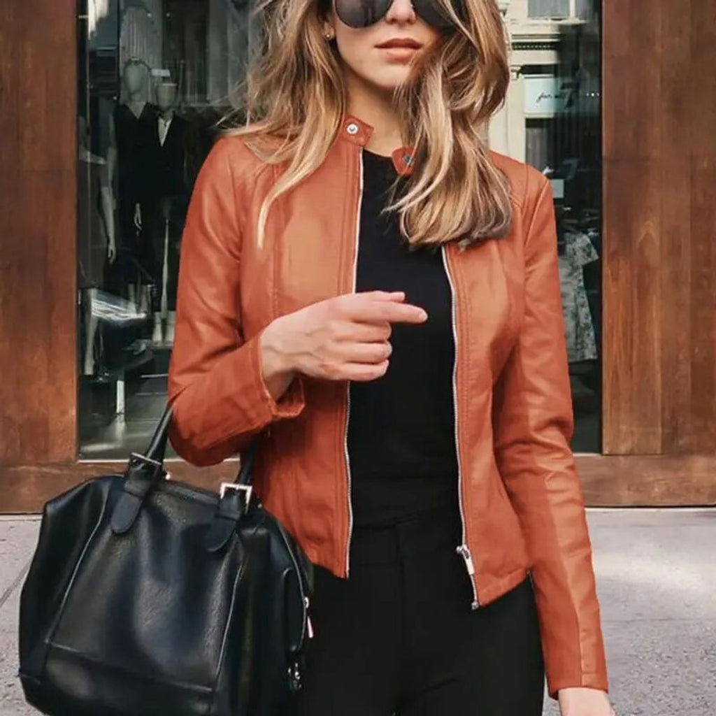 Women's Slim-Fit Zip-Up Moto Faux Leather Jacket - Orange