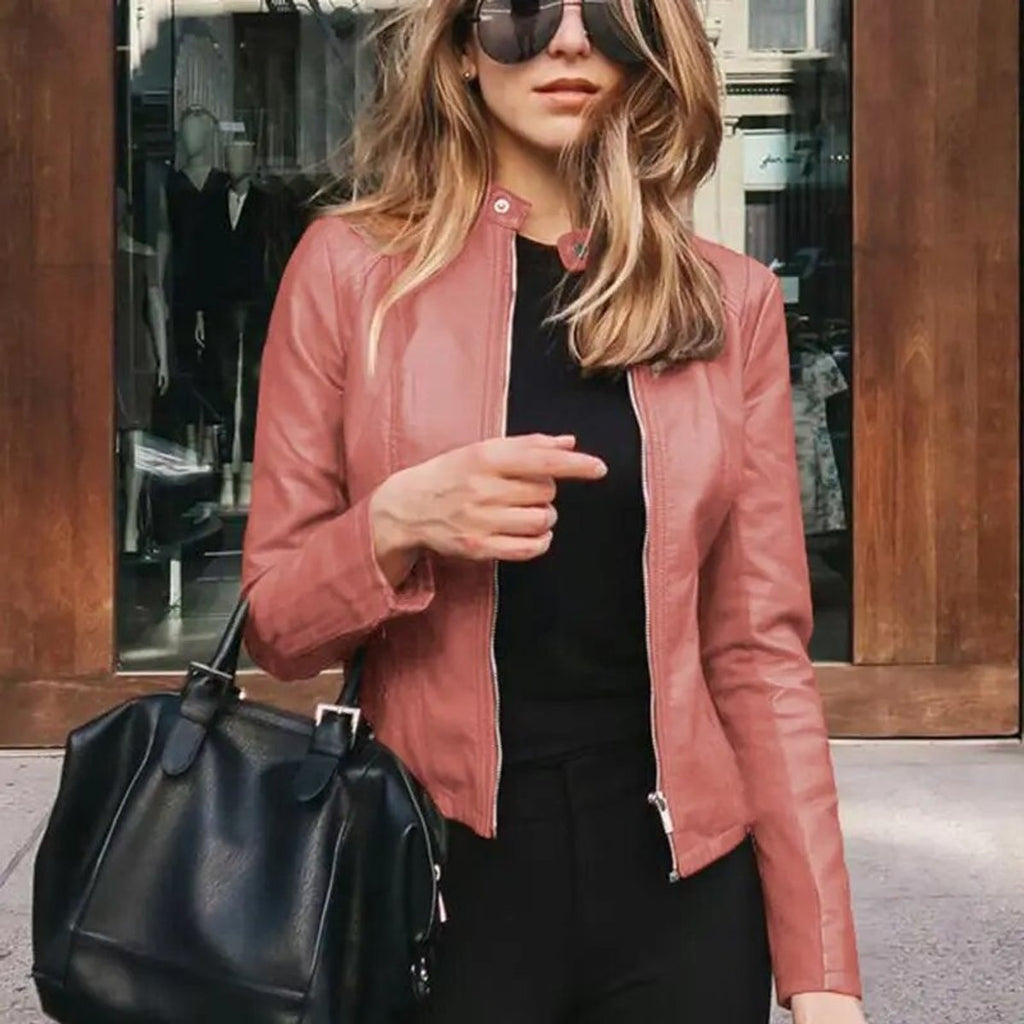 Women's Slim-Fit Zip-Up Moto Faux Leather Jacket - Pink