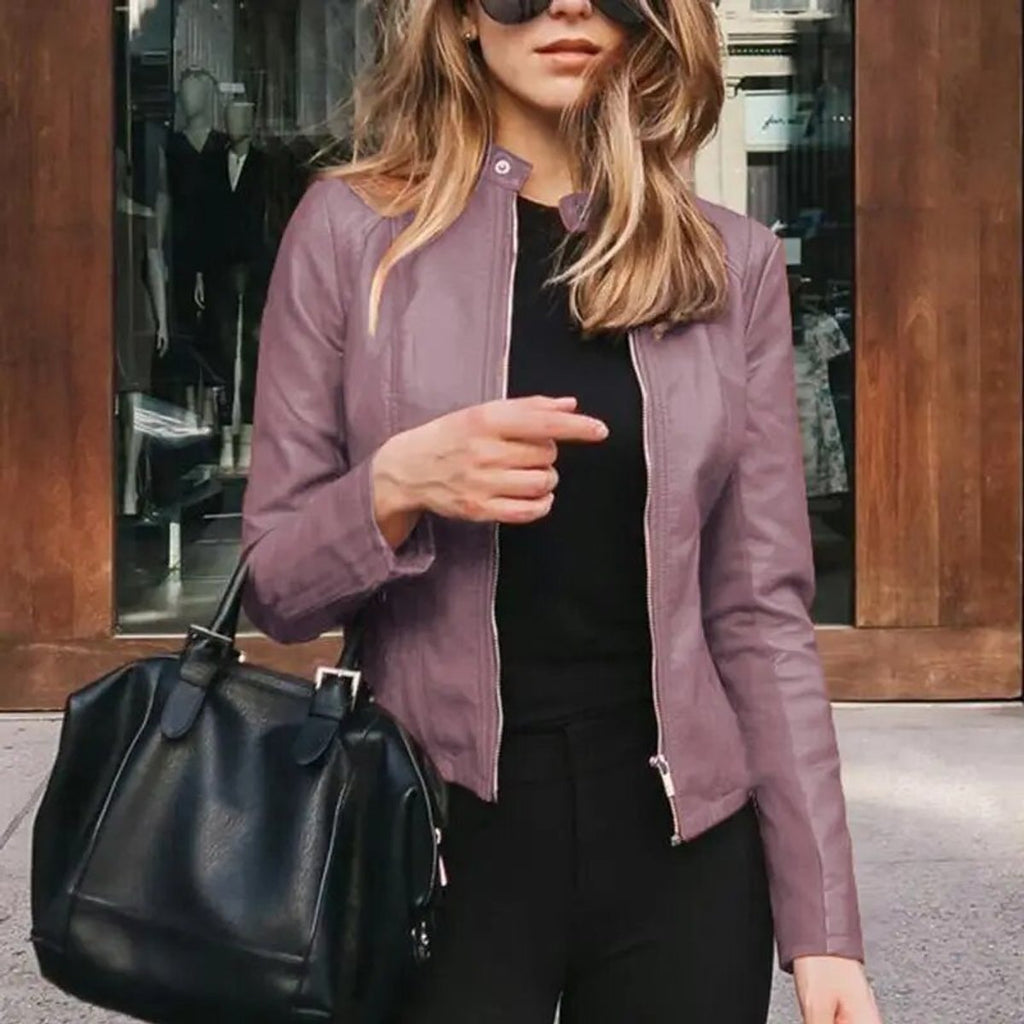 Women's Slim-Fit Zip-Up Moto Faux Leather Jacket - Lavender