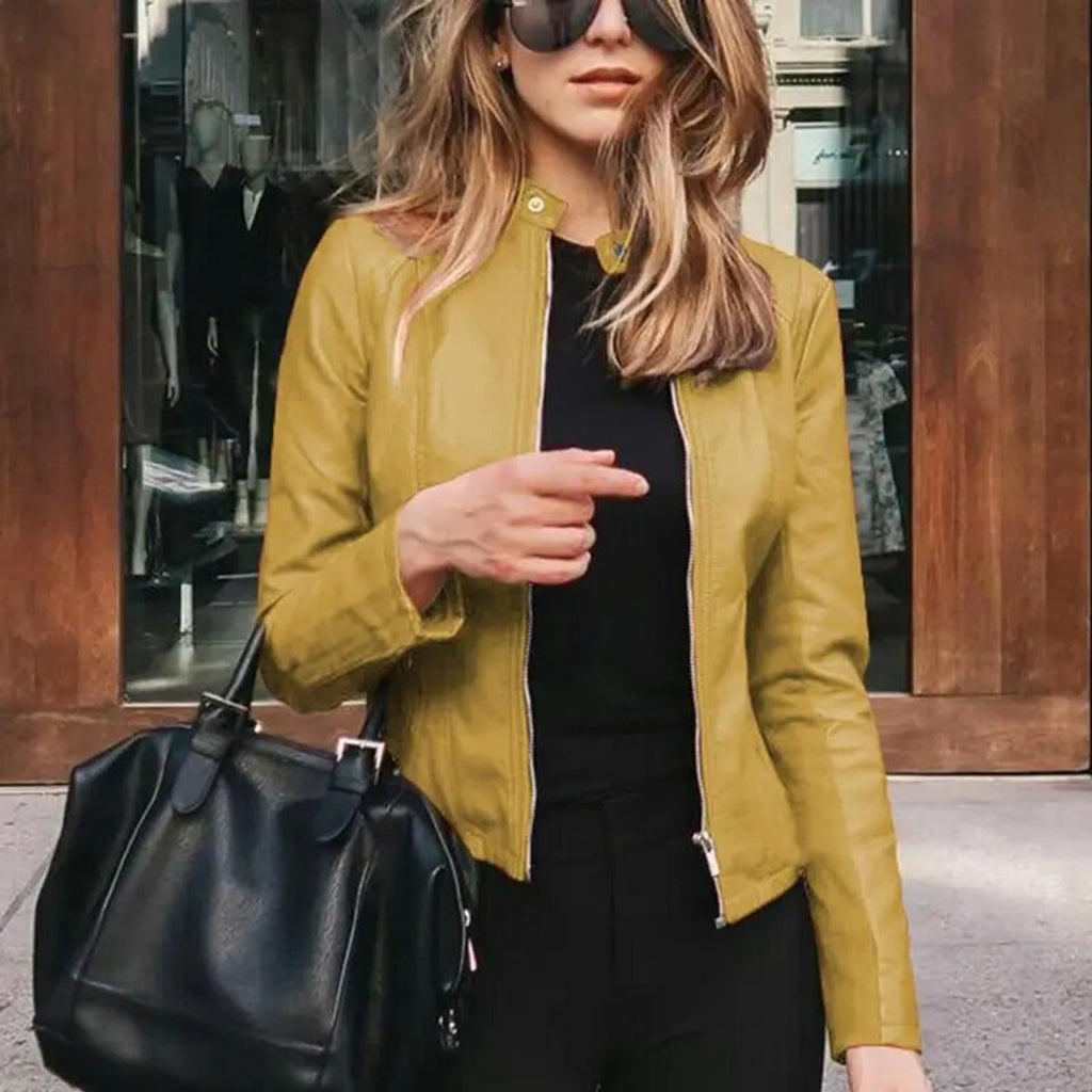 Women's Slim-Fit Zip-Up Moto Faux Leather Jacket - Yellow