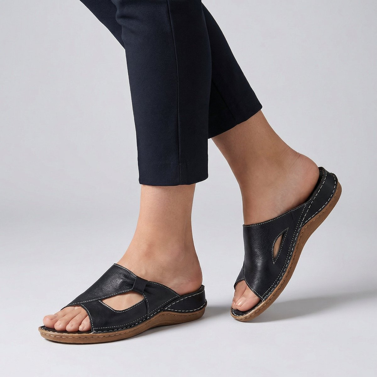 Women's Slip-On Flat Mule Comfortable Sandals Cut-Out Detail - Black