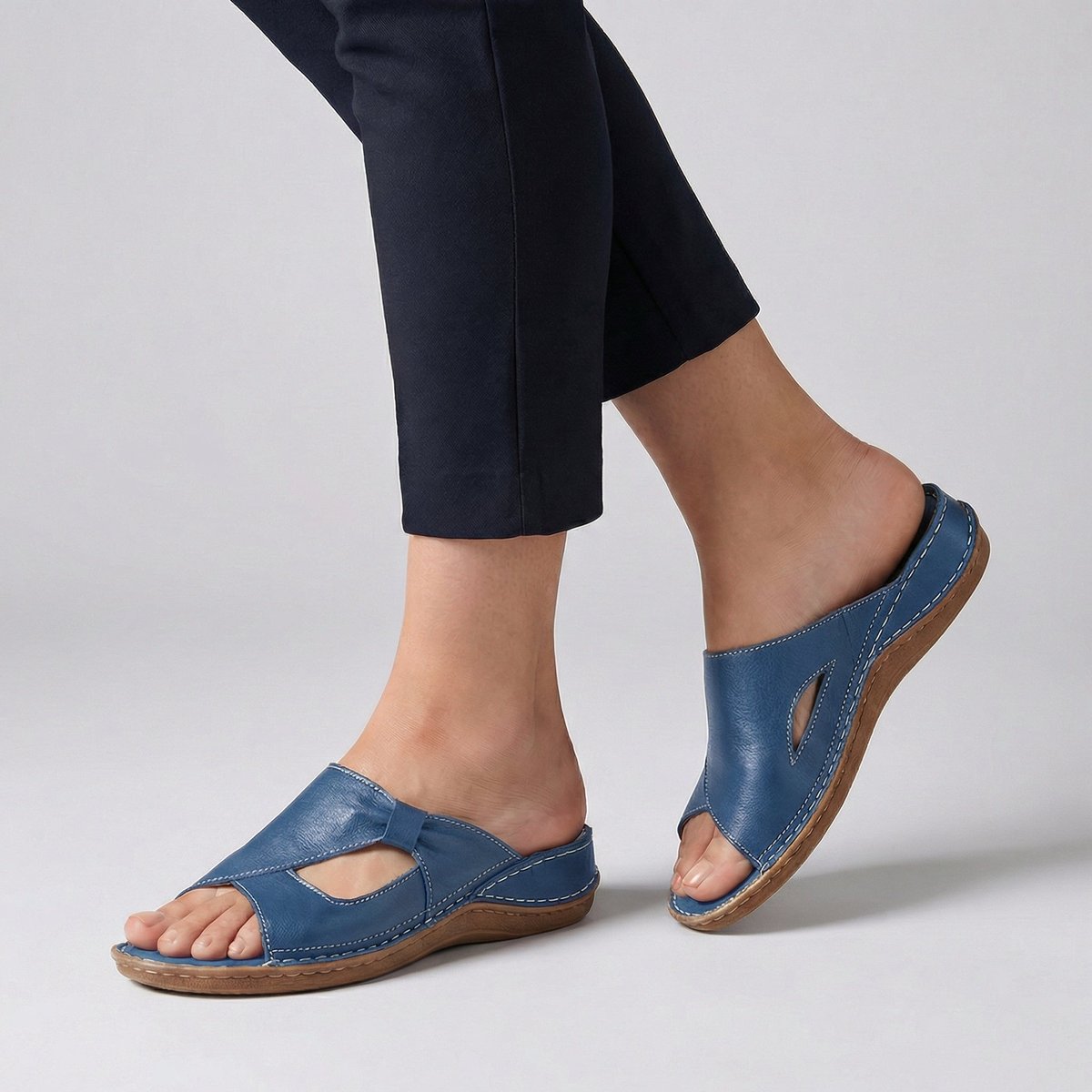 Women's Slip-On Flat Mule Comfortable Sandals Cut-Out Detail - Blue