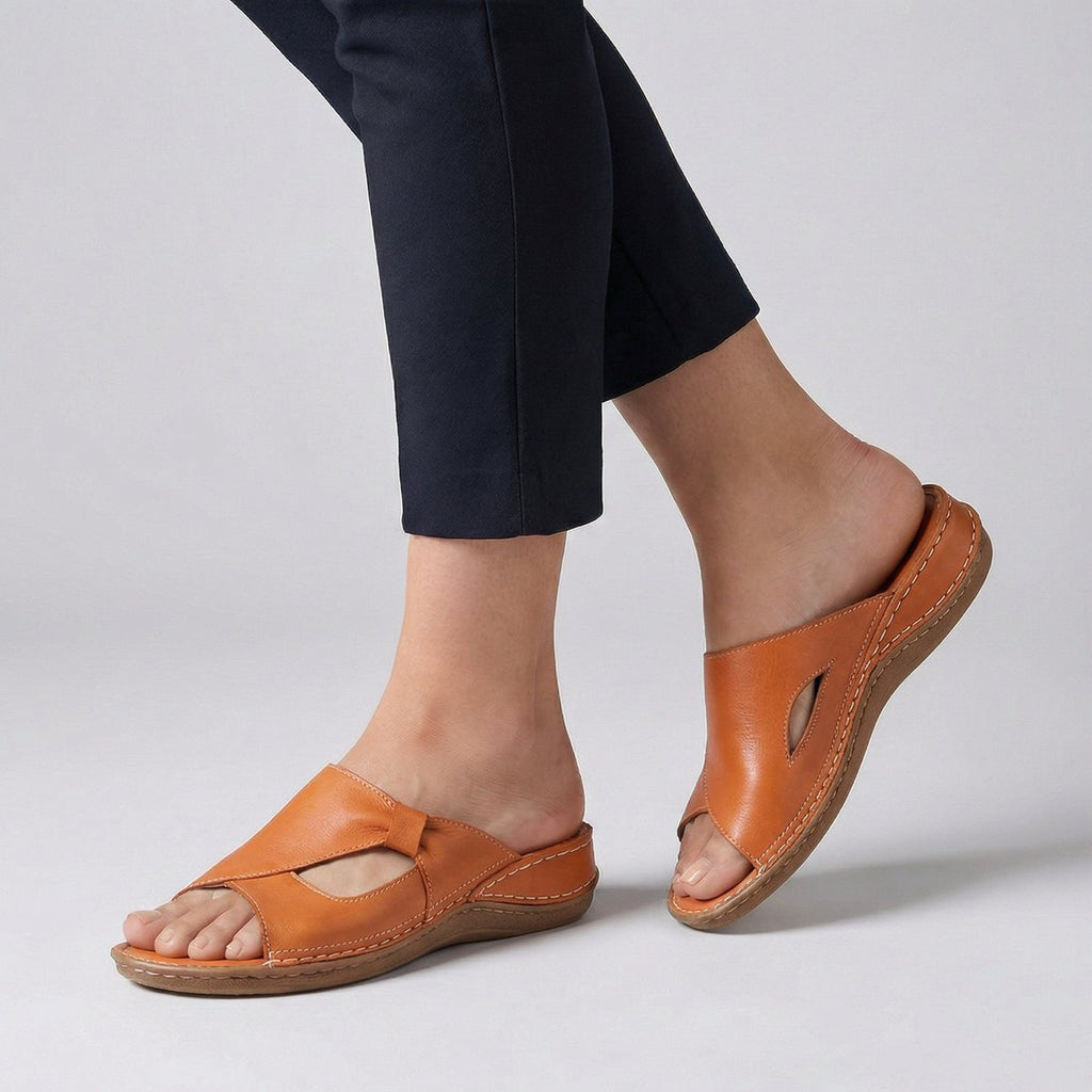 Women's Slip-On Flat Mule Comfortable Sandals Cut-Out Detail - Orange