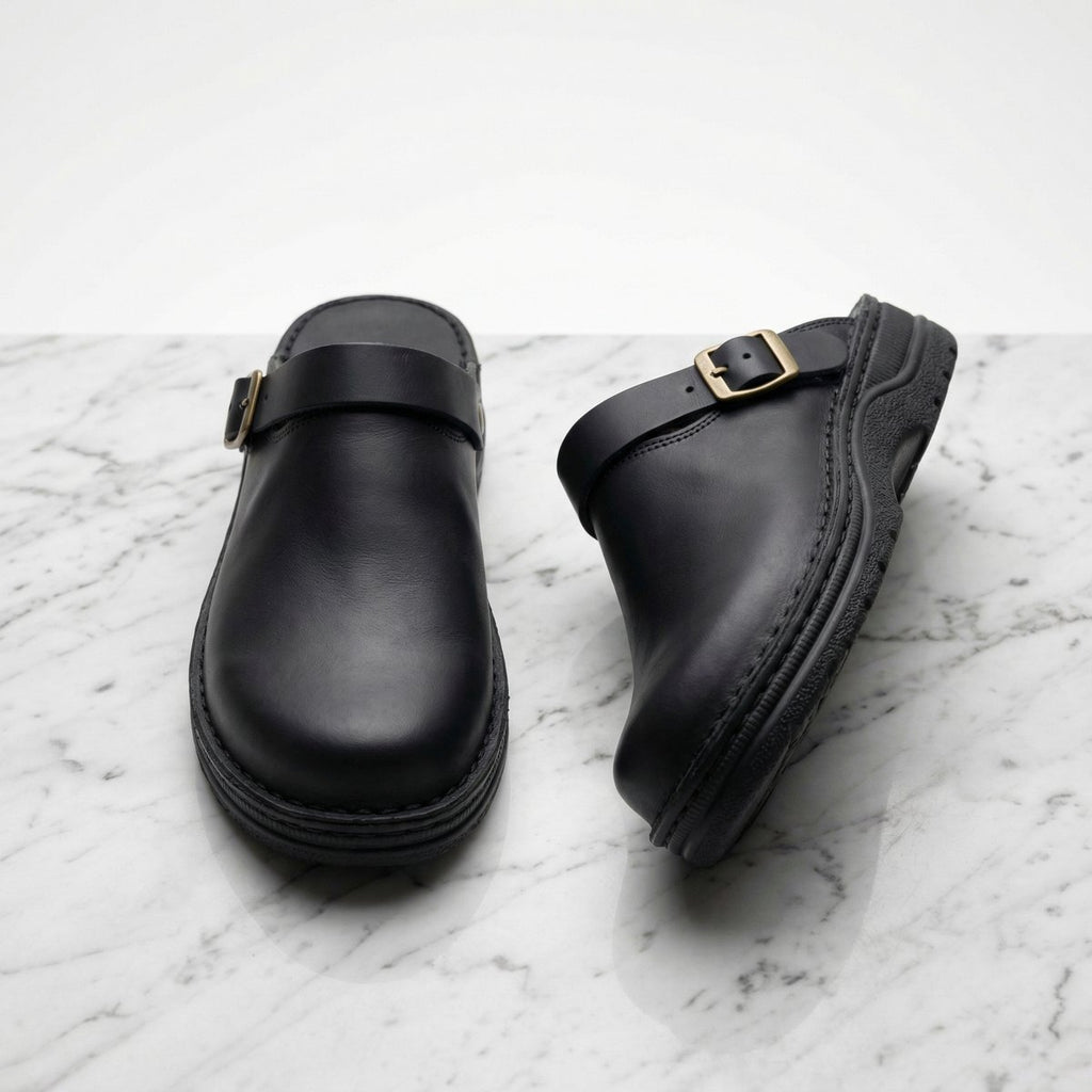 Women's Slip-On Premium Leather Cushioned Clogs - Black