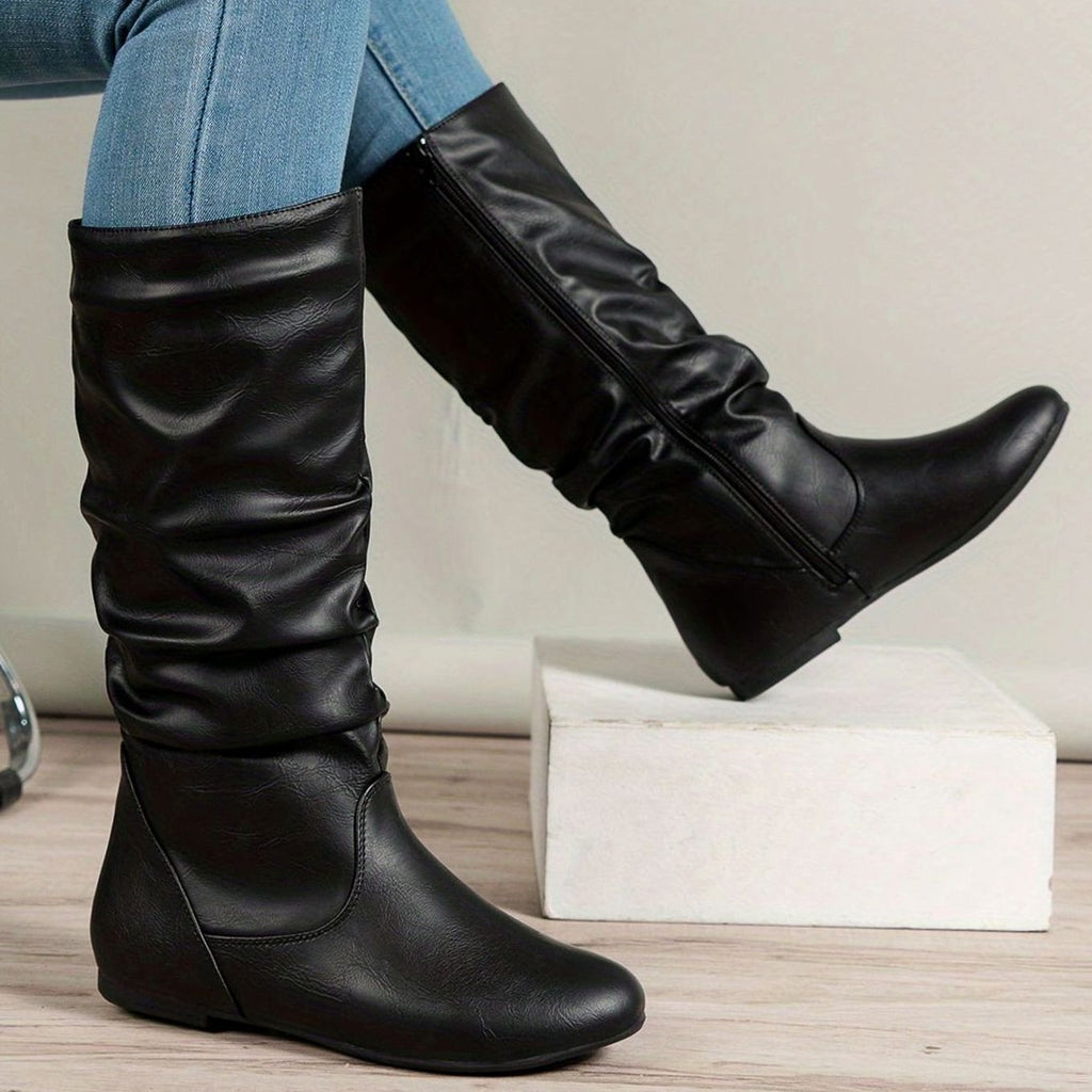 Women's Slouched Flat Mid-Calf Boots Side Zipper