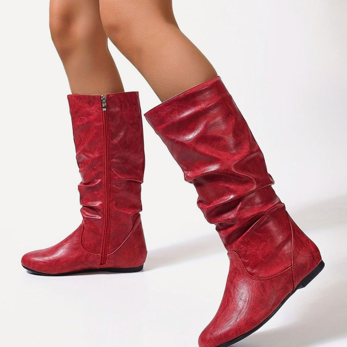 Women's Slouched Flat Mid-Calf Boots Side Zipper