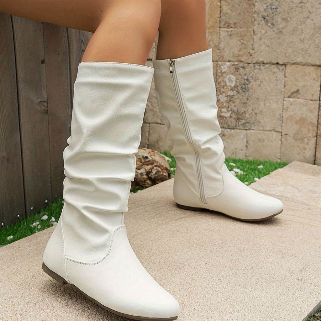 Women's Slouched Flat Mid-Calf Boots Side Zipper