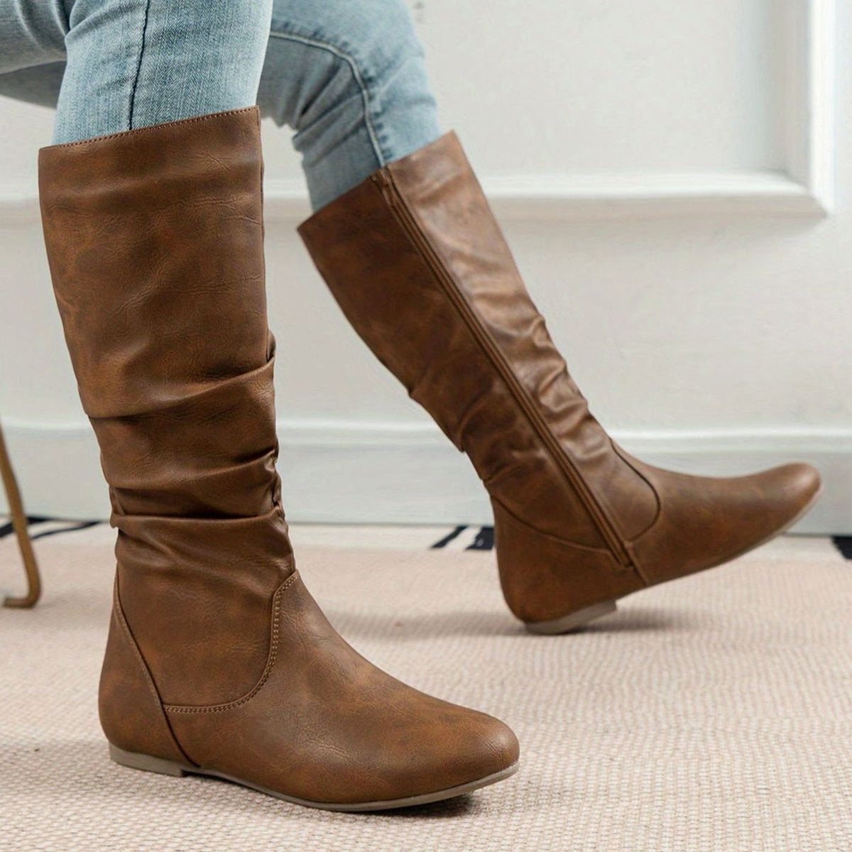 Women's Slouched Flat Mid-Calf Boots Side Zipper - Light Brown