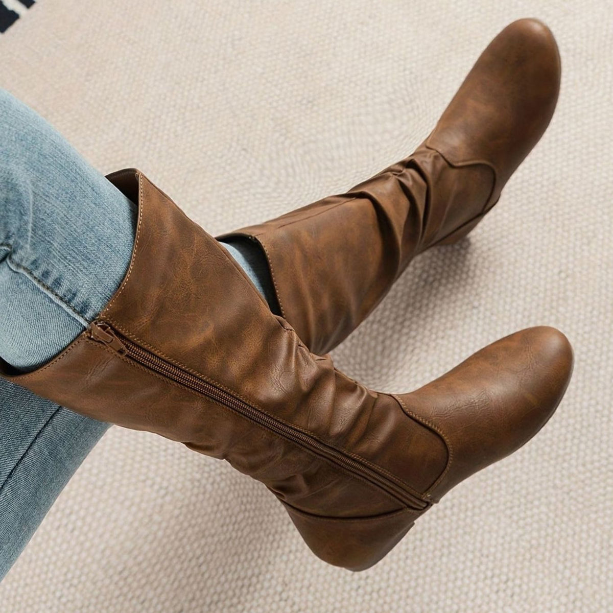Women's Slouched Flat Mid-Calf Boots Side Zipper