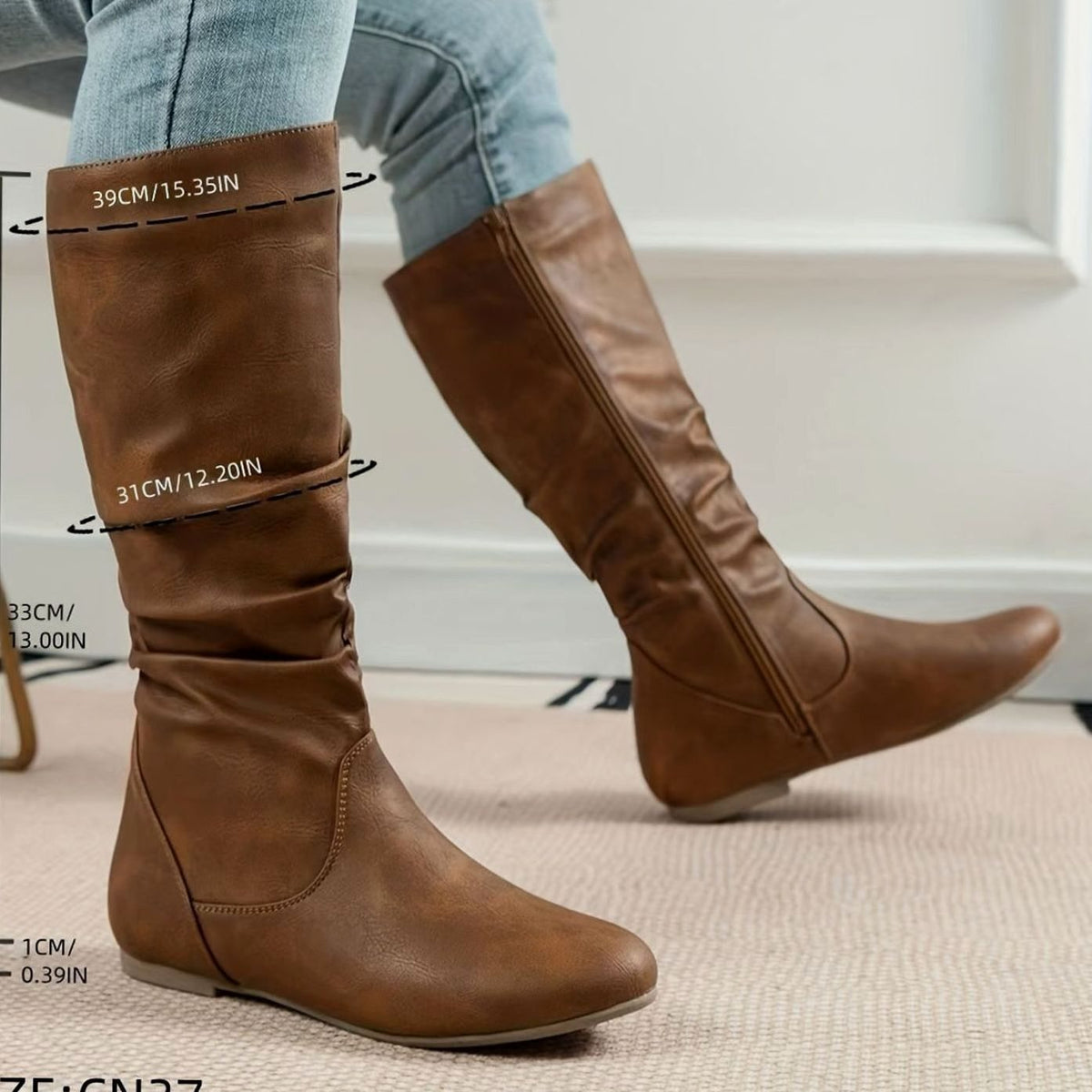 Women's Slouched Flat Mid-Calf Boots Side Zipper