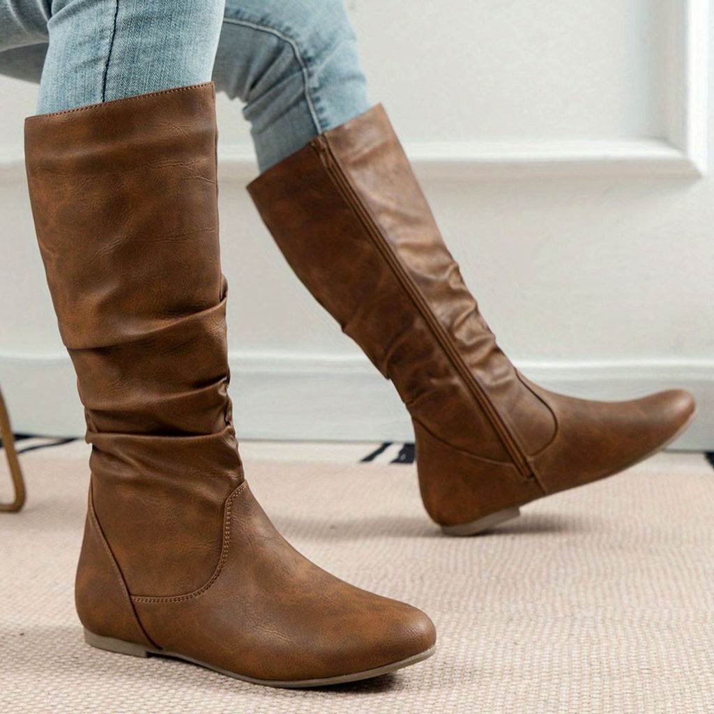 Women's Slouched Flat Mid-Calf Boots Side Zipper