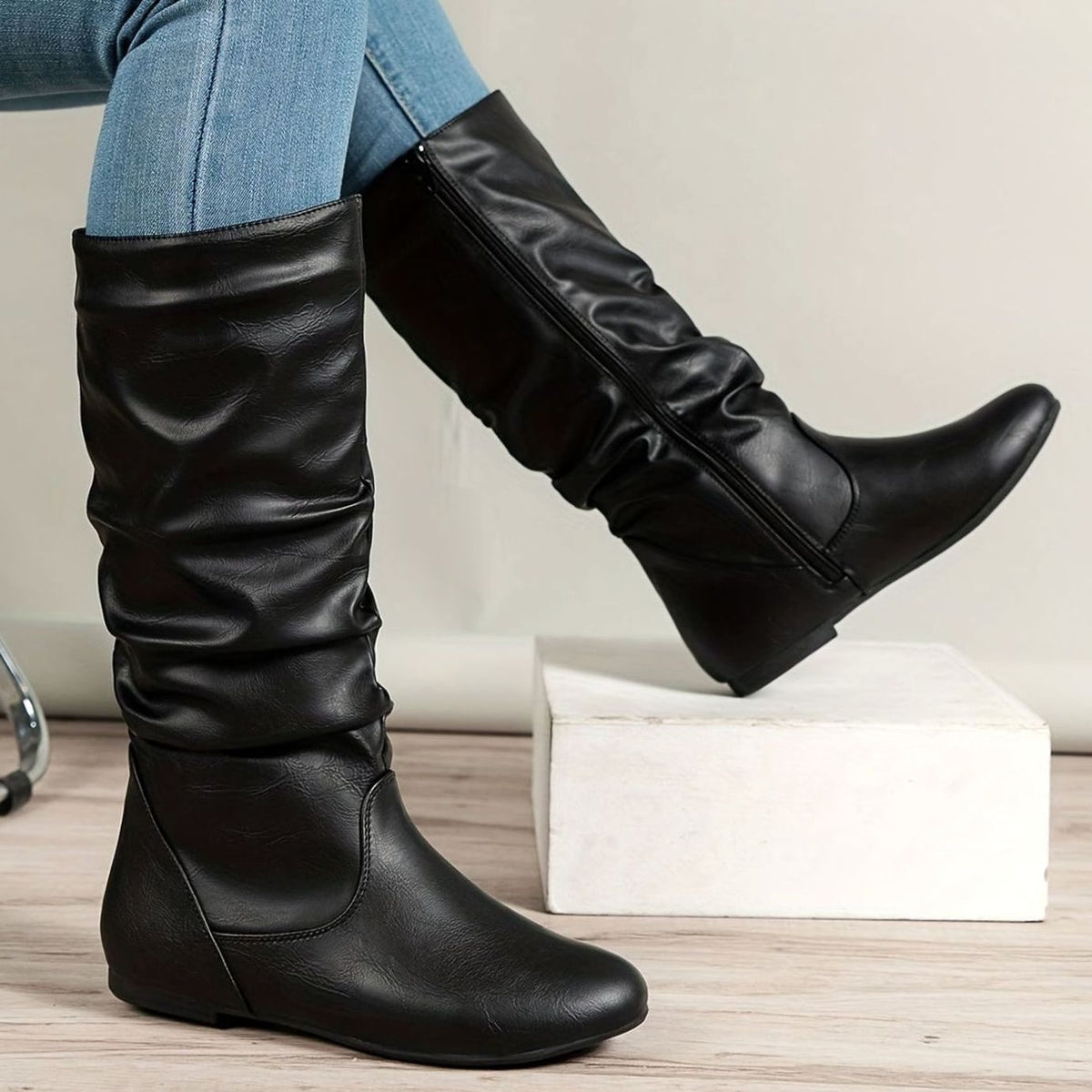 Women's Slouched Flat Mid-Calf Boots Side Zipper