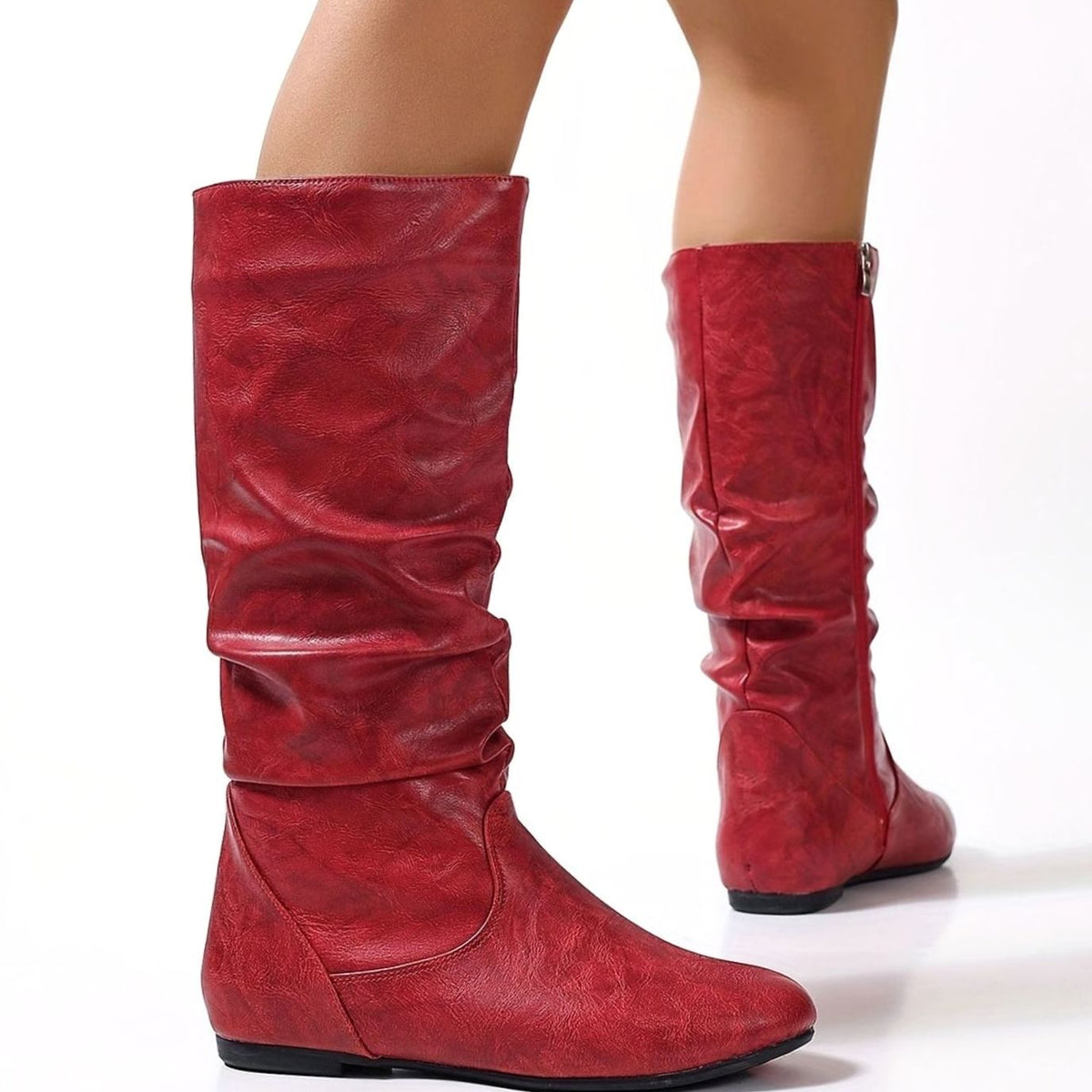 Women's Slouched Flat Mid-Calf Boots Side Zipper