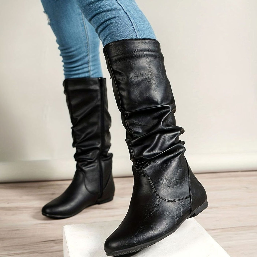 Women's Slouched Flat Mid-Calf Boots Side Zipper