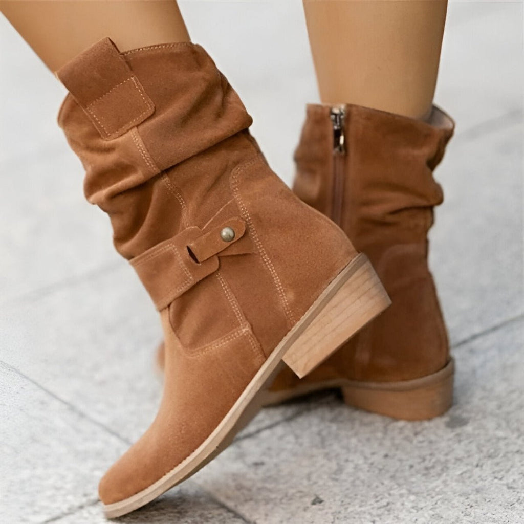 Women's Slouchy Faux Suede Mid Calf Knee High Boots Block Heel - Brown