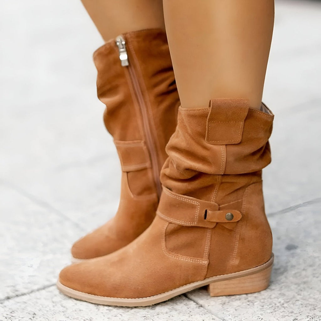 Women's Slouchy Faux Suede Mid Calf Knee High Boots Block Heel