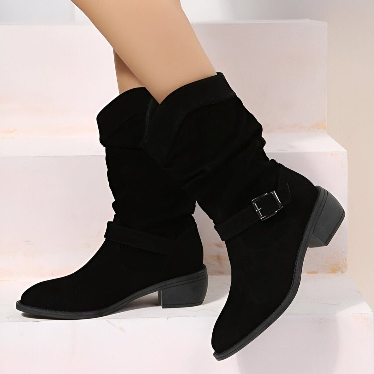 Women's Slouchy Faux Suede Mid Calf Knee High Boots Block Heel - Black