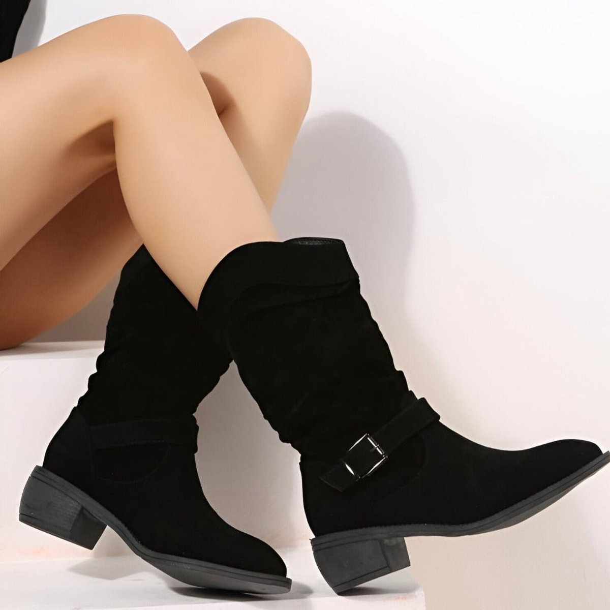 Women's Slouchy Faux Suede Mid Calf Knee High Boots Block Heel