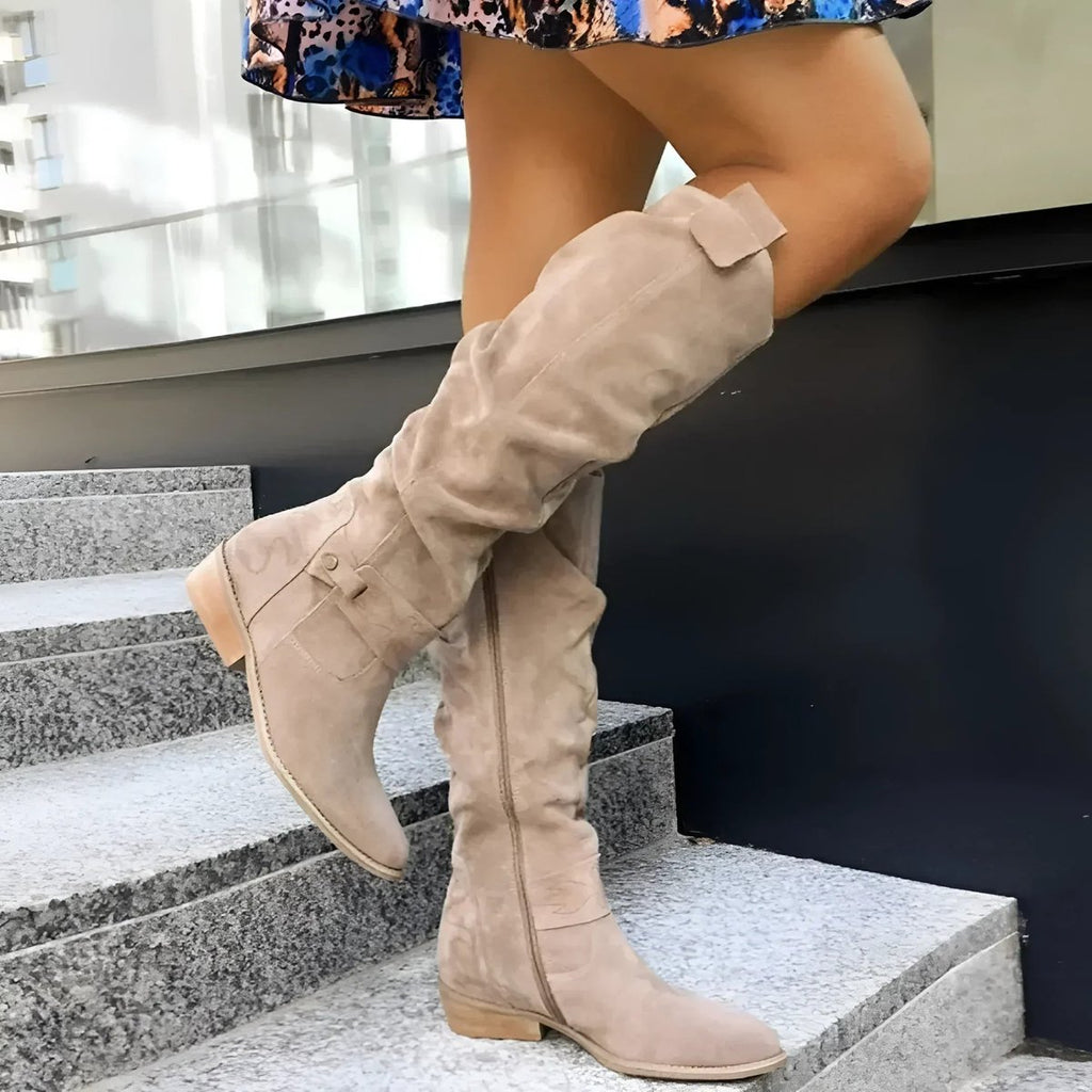 Women's Slouchy Over-the-Knee High Boots Flat Block Heel - Beige
