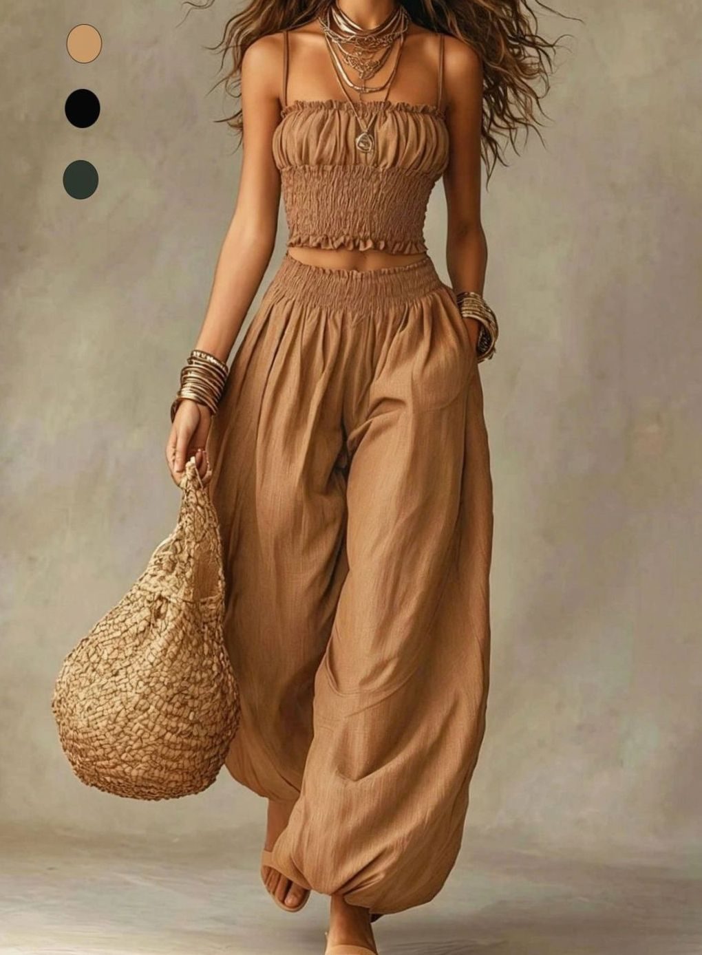 Women's Smocked Crop Top Wide-Leg Pants Two Piece Set