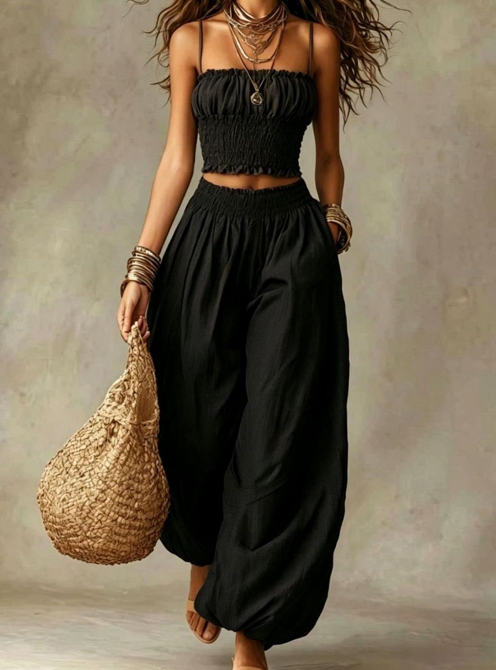 Women's Smocked Crop Top Wide-Leg Pants Two Piece Set