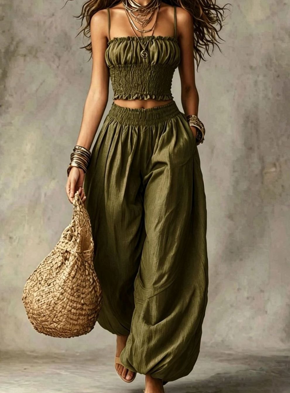 Women's Smocked Crop Top Wide-Leg Pants Two Piece Set