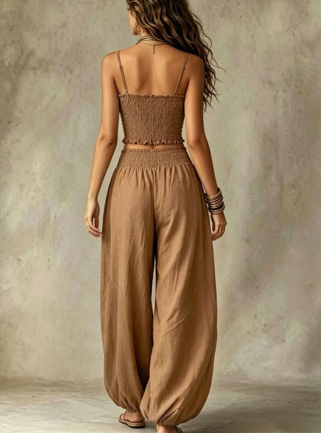 Women's Smocked Crop Top Wide-Leg Pants Two Piece Set