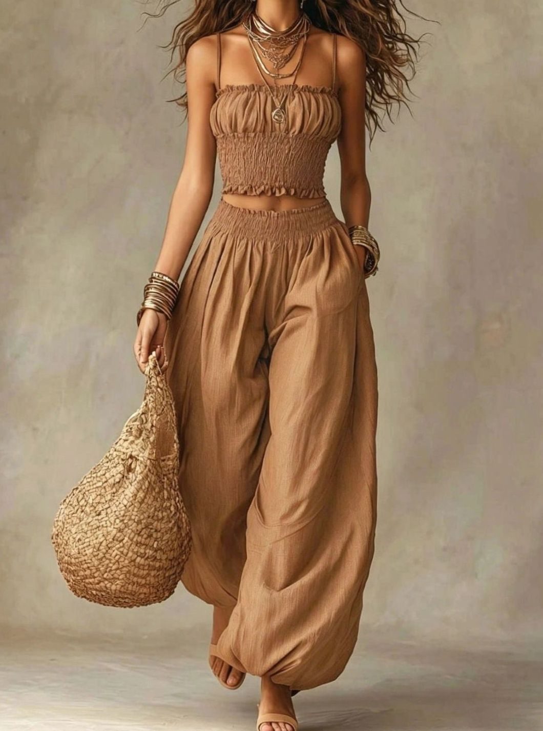 Women's Smocked Crop Top Wide-Leg Pants Two Piece Set - Khaki