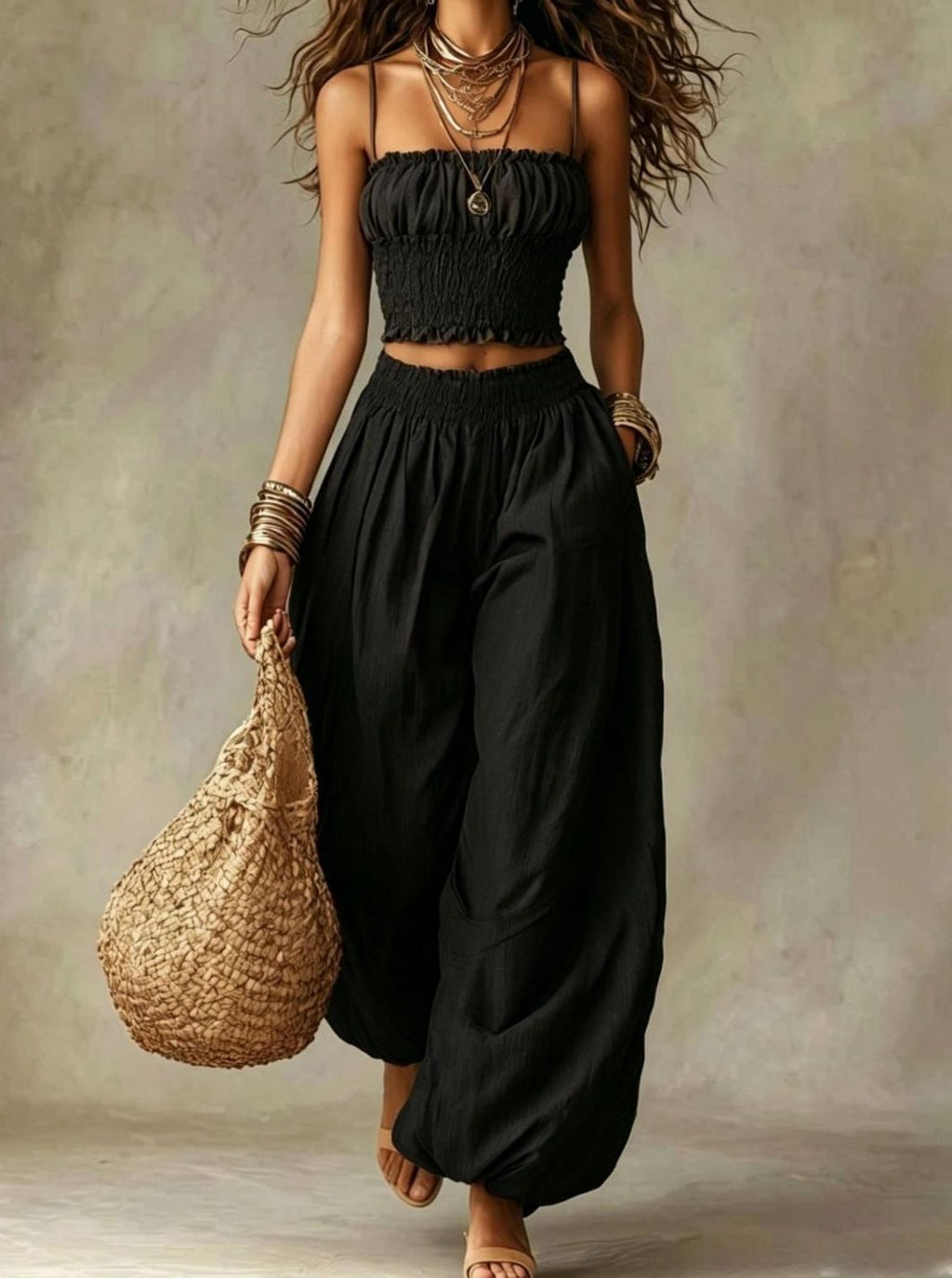 Women's Smocked Crop Top Wide-Leg Pants Two Piece Set - Black