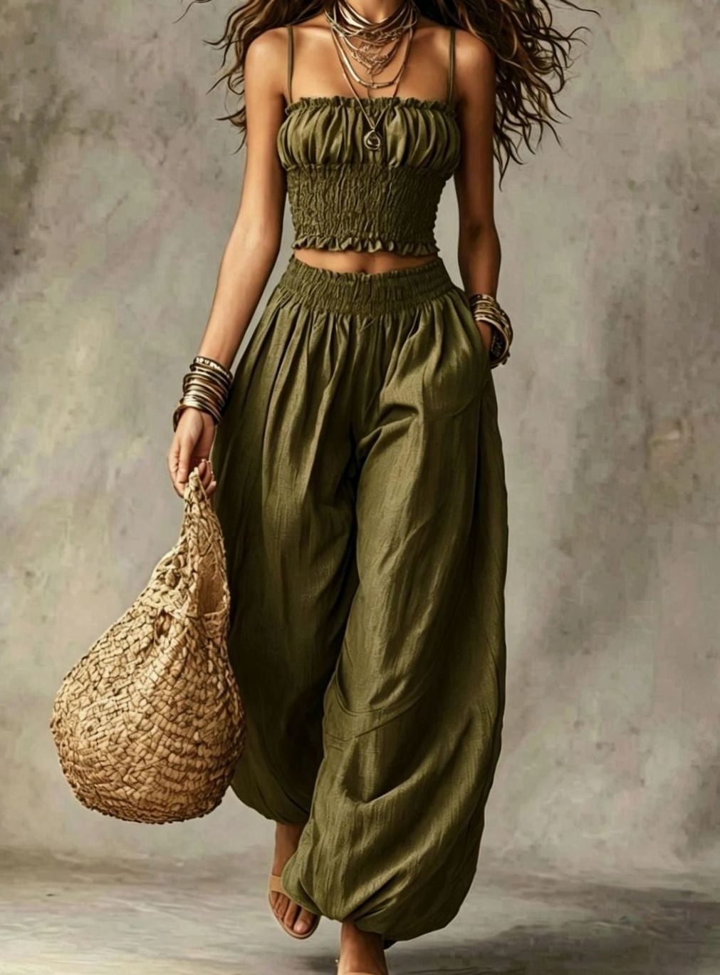 Women's Smocked Crop Top Wide-Leg Pants Two Piece Set - Army Green