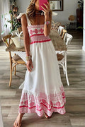 Women's Smocked Square-Neck Tie-Shoulder Boho Maxi Dress