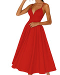 Women's Spaghetti Strap V-Neck Midi Dress - Rood