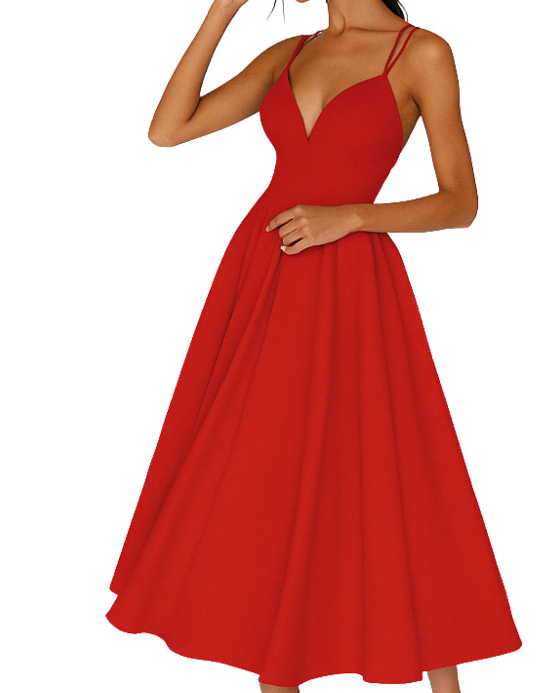 Women's Spaghetti Strap V-Neck Midi Dress - Rood