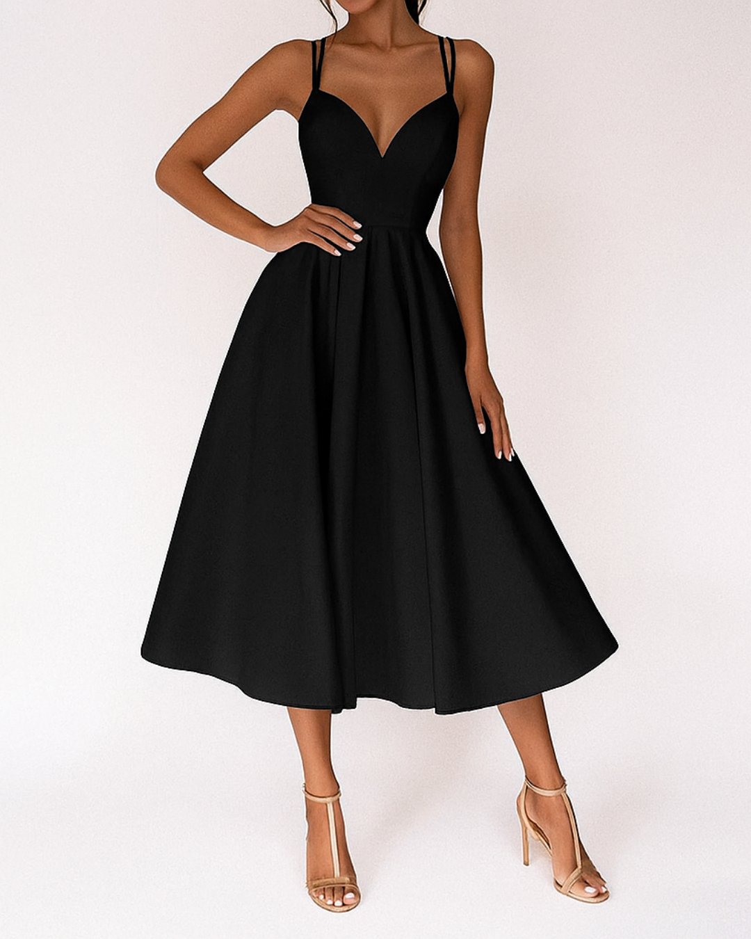 Women's Spaghetti Strap V-Neck Midi Dress - Zwart
